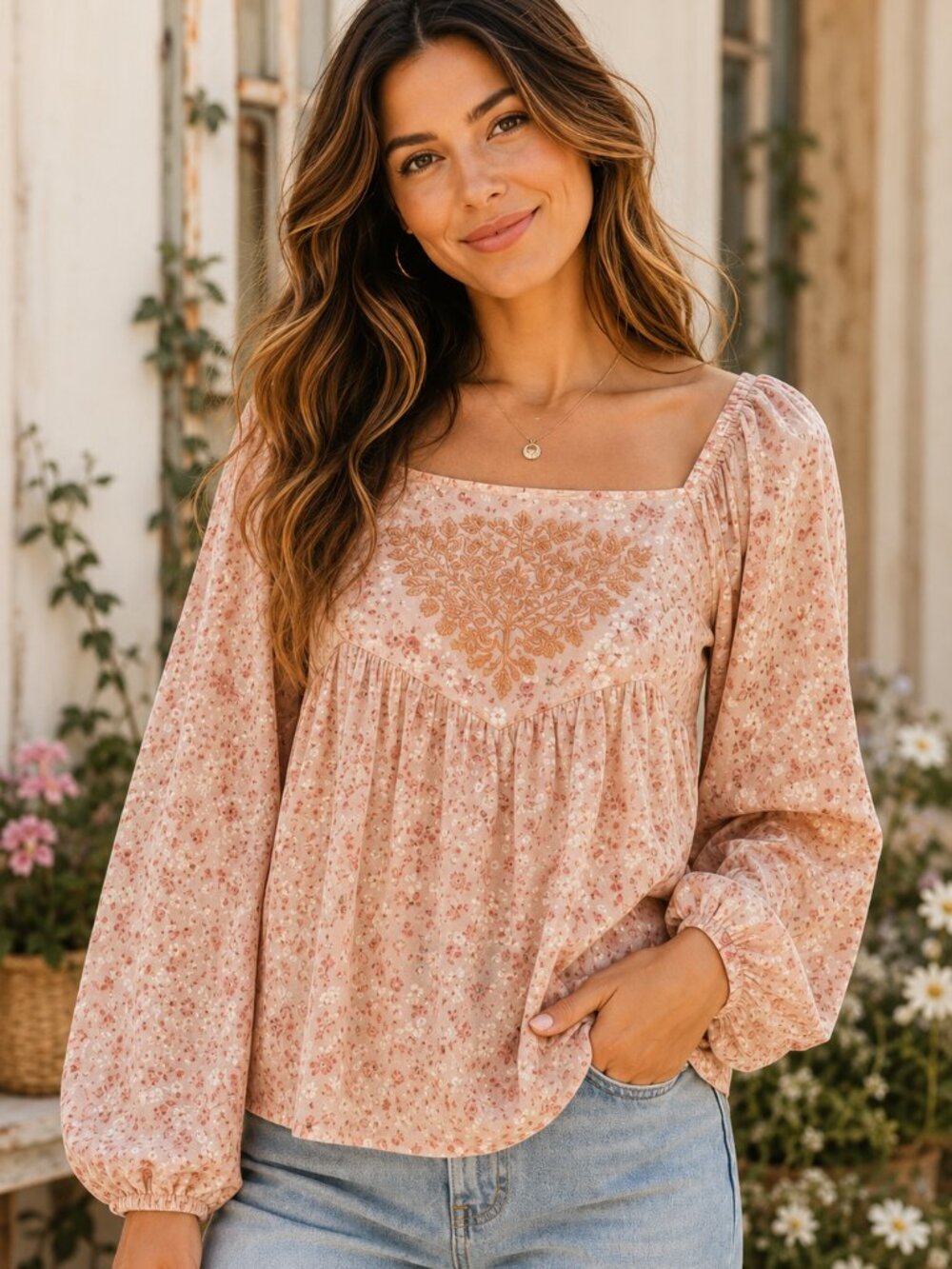 A Collective Story Blush Floral Embroidered Peasant Top Medium Cottagecore Boho